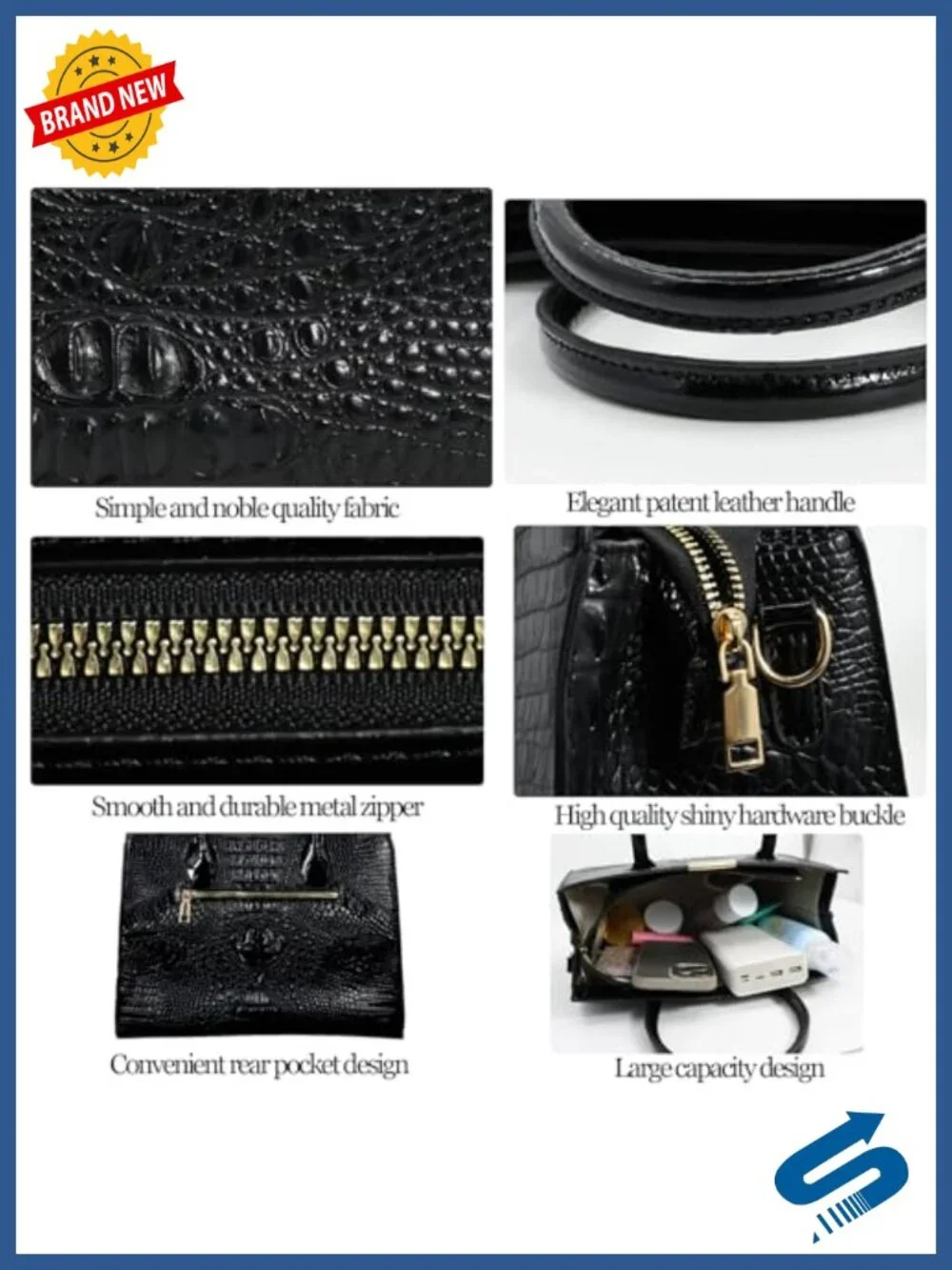 Patent PU Leather Crocodile Pattern Satchel Tote Handbag Set with Shoulder